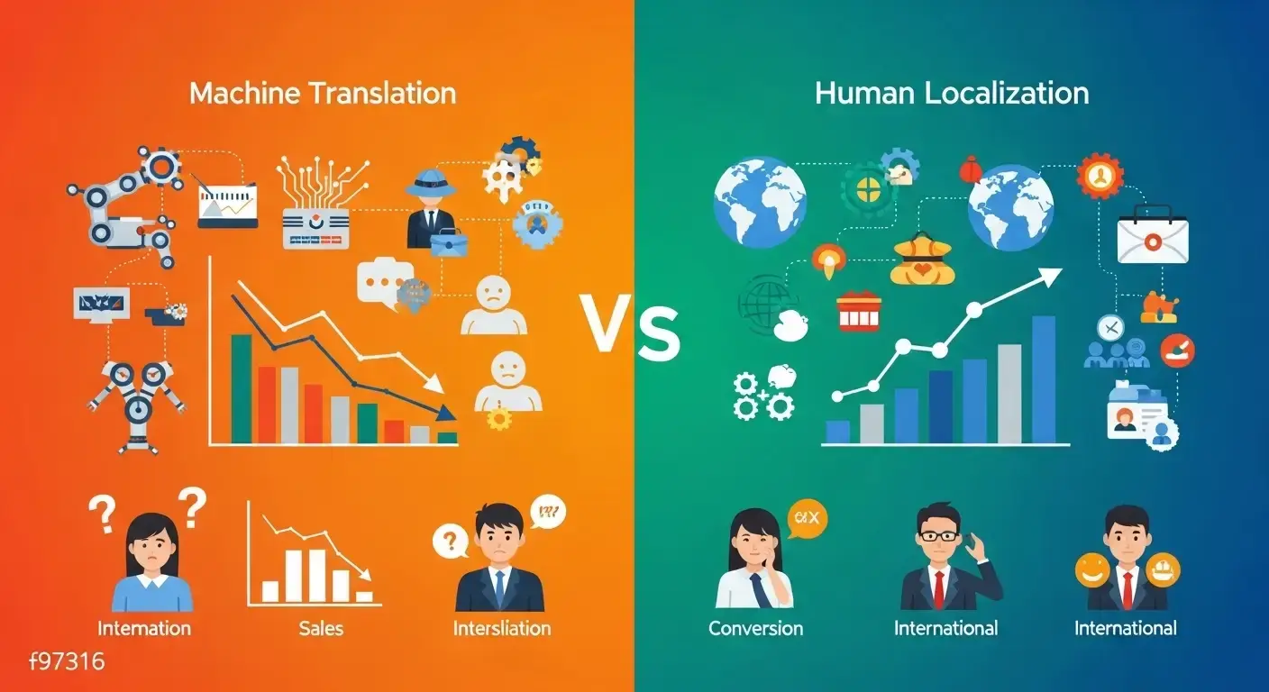 Google Translate vs strategic localization comparison showing how machine translation kills international sales conversions while cultural adaptation increases revenue by 340%