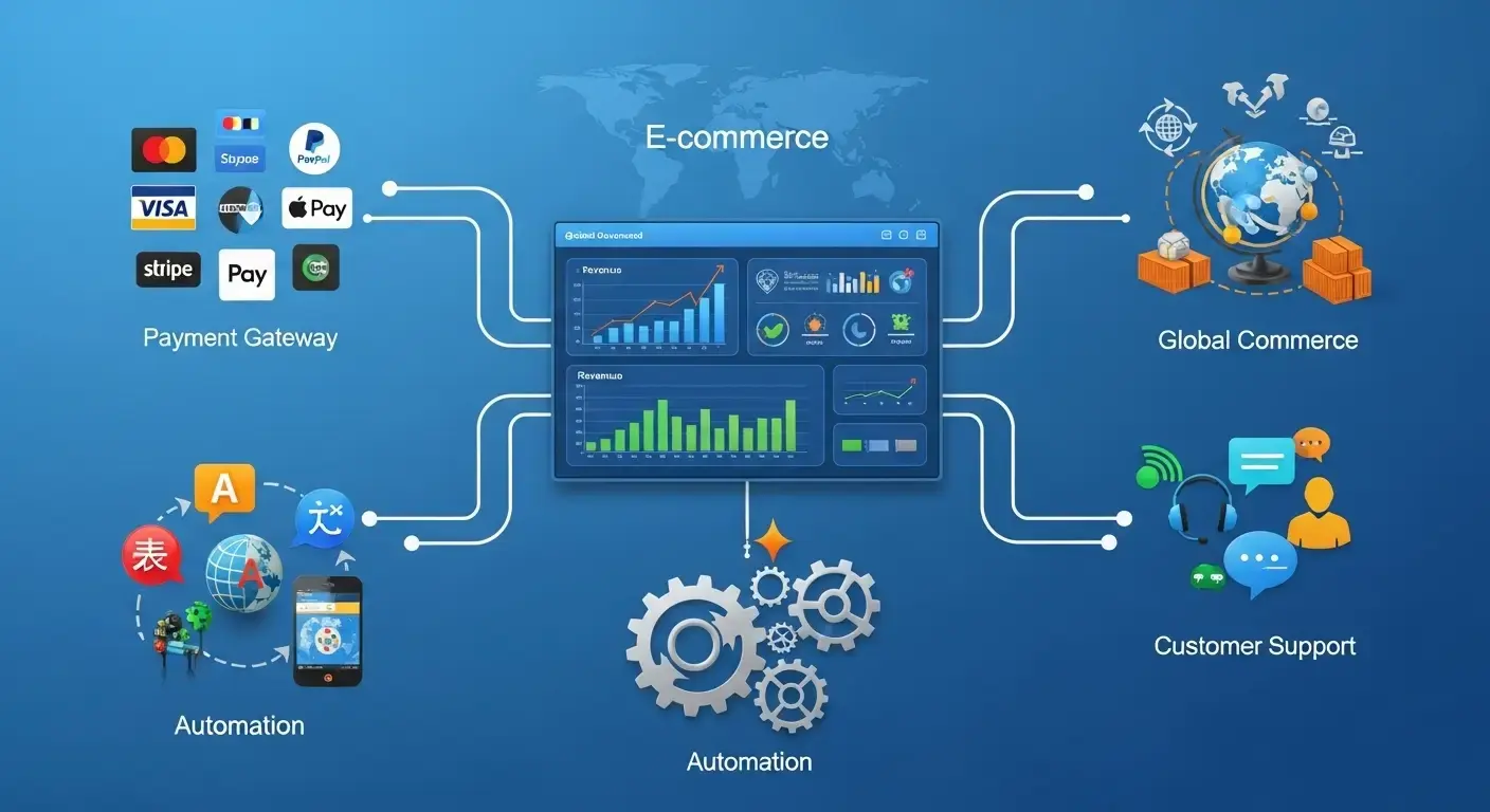 5 must-have international e-commerce tools including Stripe payments, Shopify Markets, Weglot translation, Klaviyo automation, and Zendesk support for global online business success