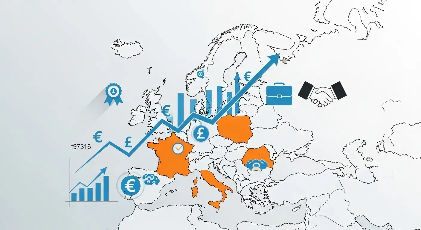 European market entry strategy illustration showing growth chart and map of key European markets including Germany, France, and Netherlands for budget-conscious business expansion